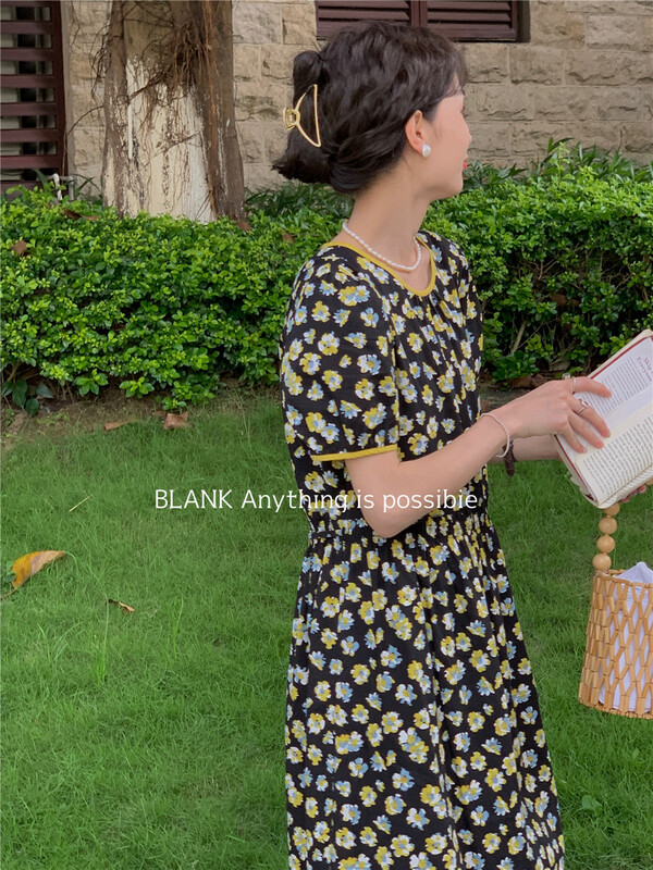 【 blank 】 small fresh round neck bubble sleeve floral dress dress 512559 \wpl