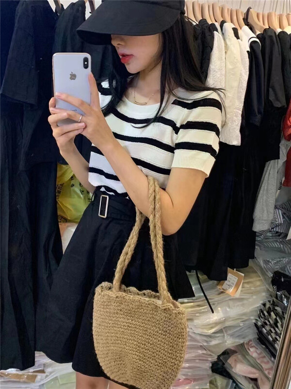 [h2-studio] square neck stripe contrast short sleeve T-shirt a1107\hbx