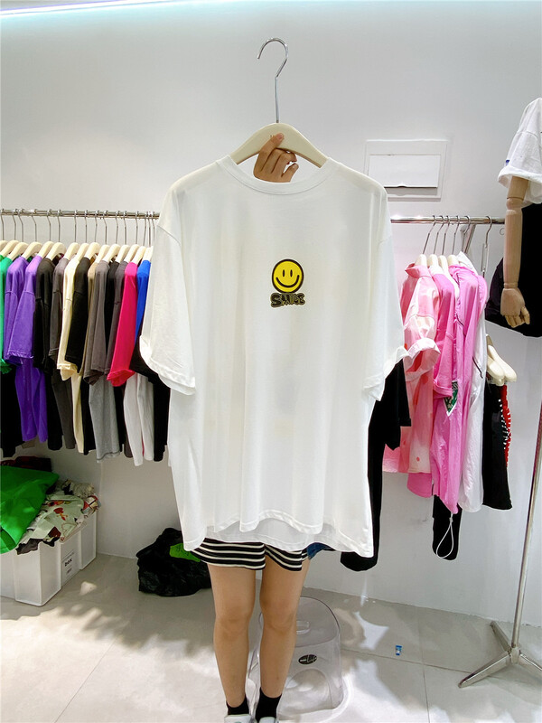 [more] Unisex casual smiling face printed loose medium long short sleeve T-shirt 88190\ozq