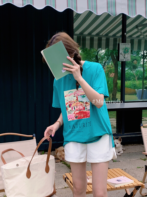 [Moxi] casual simple and versatile printed short sleeve T-shirt 1876\xj