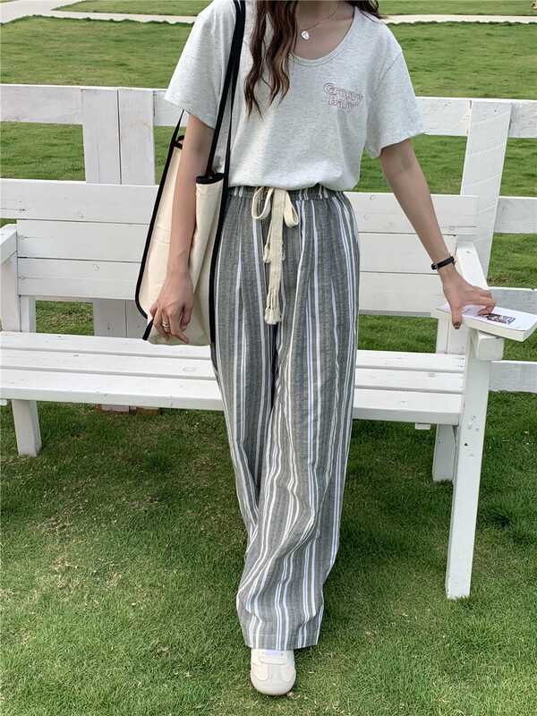 [emoni] stripe contrast loose straight casual pants 11005\csx