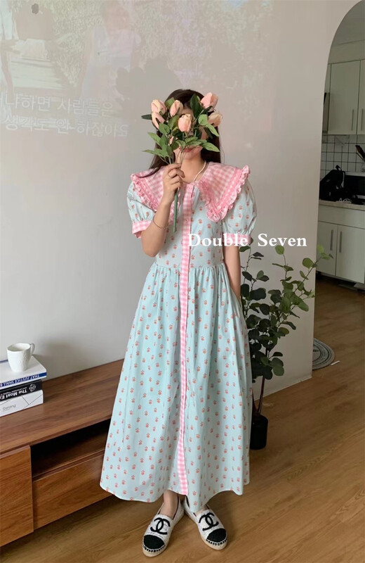 [double seven] Korean baby collar fresh print waist dress 28733\zxx
