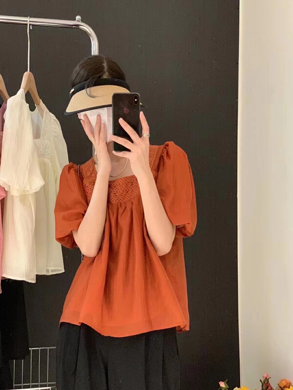 [Zoe Zoe] Korean style square collar hook flower bubble sleeve temperament chiffon shirt c1125\zjy