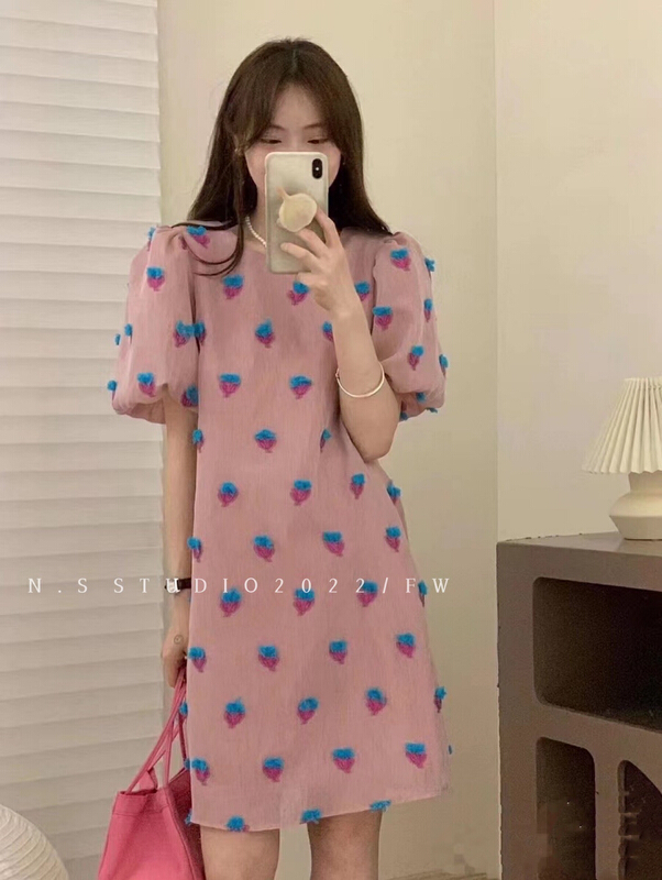 [N.S] fresh and sweet round neck three-dimensional flower dress 7391\wpl