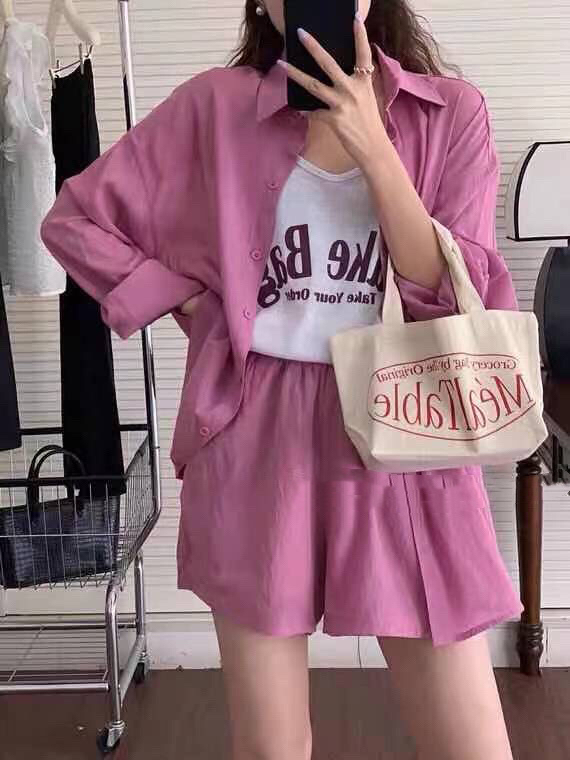 [Xiangli] solid color loose sunscreen shirt + letter printed Vest + versatile casual Shorts Set 8539\pcz