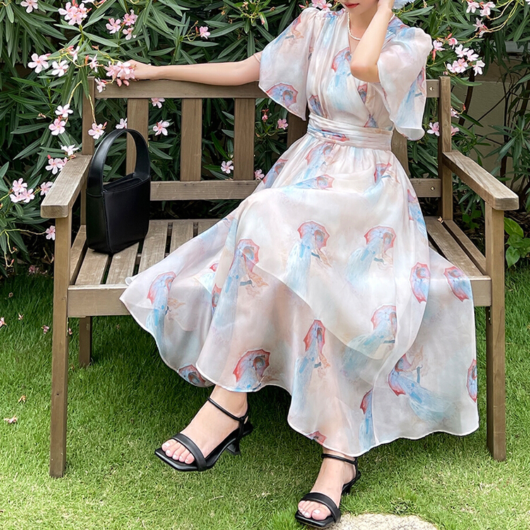 [Hanna including that] printed waist closing slim dress x987\xj