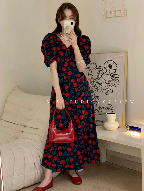 [N.S] retro style rose print one piece waist dress 1620\wpl