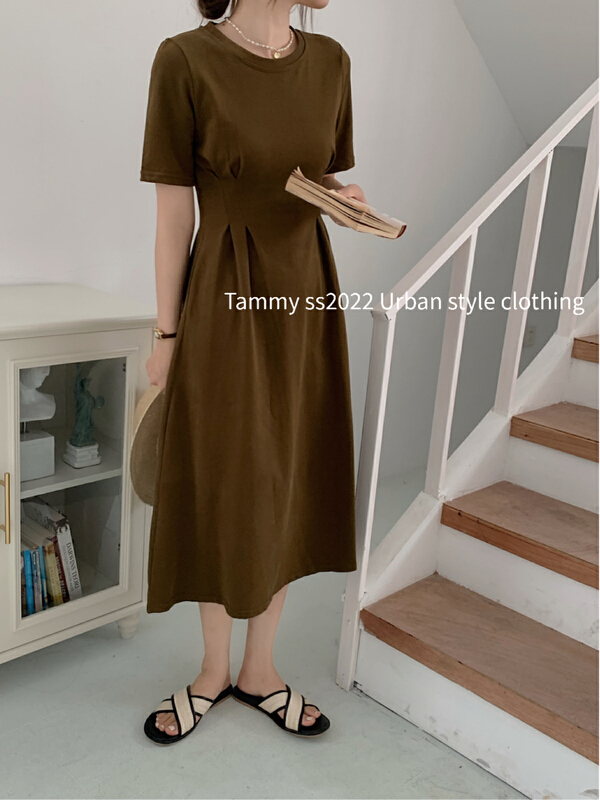 [Tammy] round neck, waist closed, slim, simple and versatile urban dress 71779\l