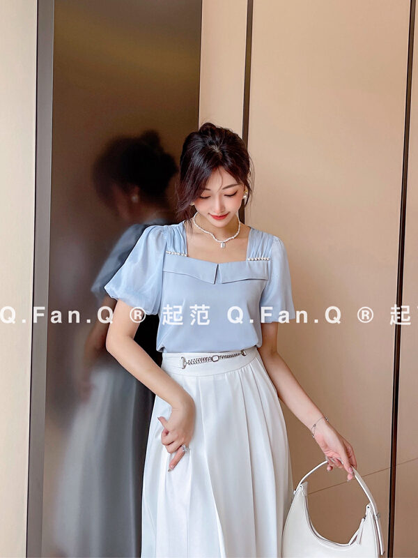 [modeling] Satin patchwork Georgette process Beaded square collar shirt 80136\jhy