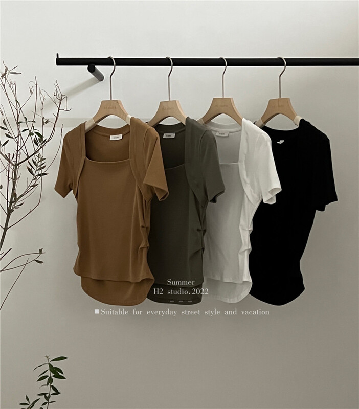 [h2-studio] Korean slim and versatile square neck short sleeve T-shirt a1097\hbx