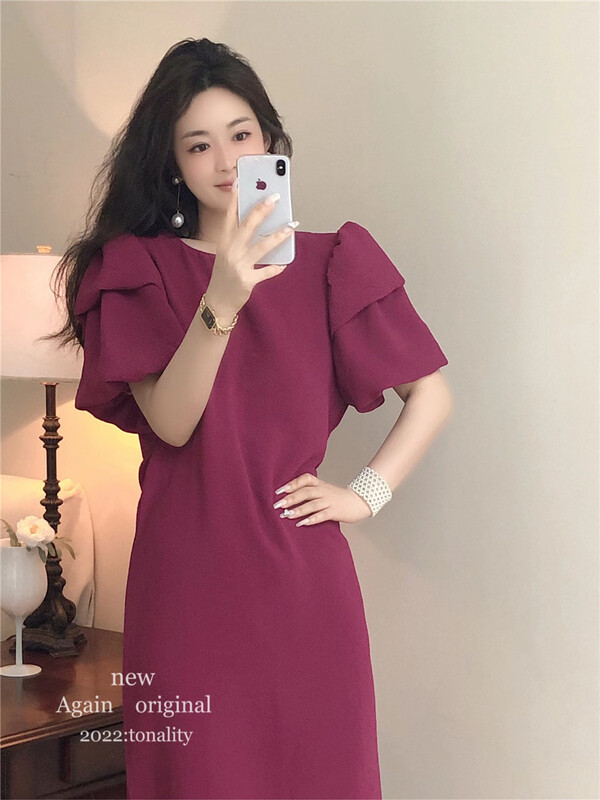[again] temperament bubble sleeve straight dress 21169\pcz
