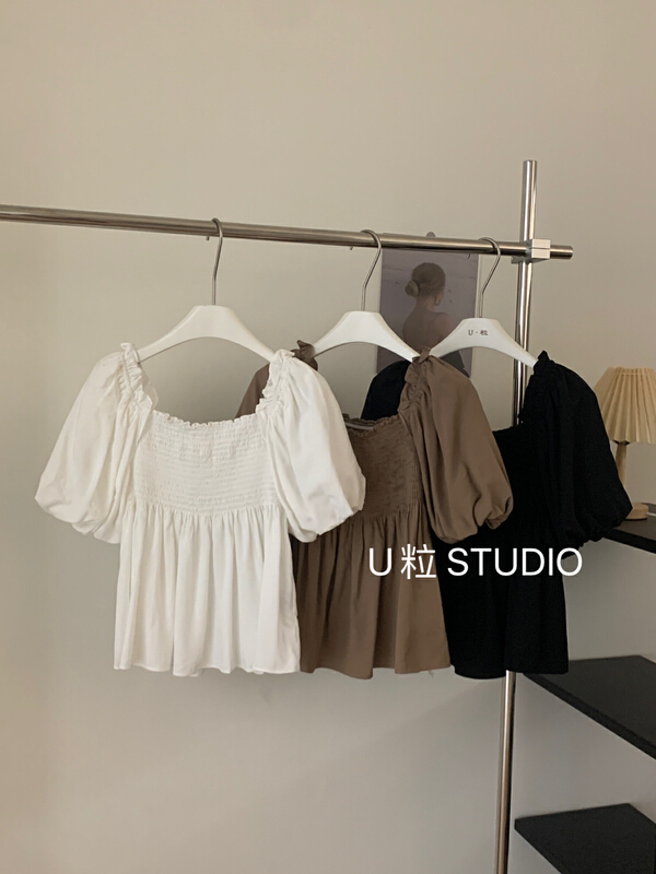 [U grain] square neck pleated solid shirt 6120\hbx