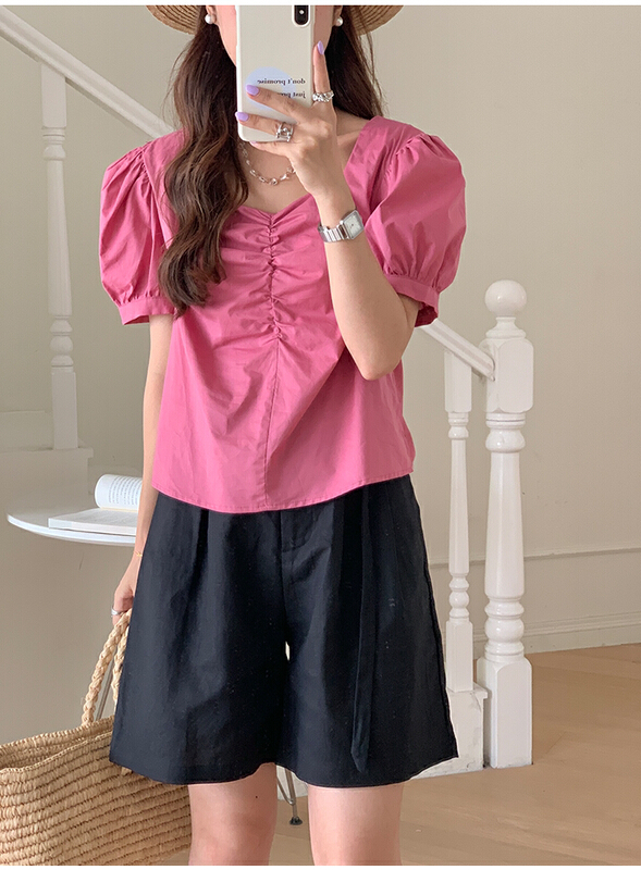 [the mind] Korean solid color drawstring short bubble sleeve shirt 60372\xyj