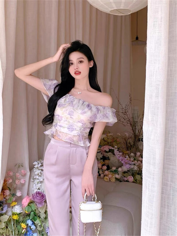 [Linna] French off shoulder floral shirt + versatile basic comfortable casual pants set 124679\jj