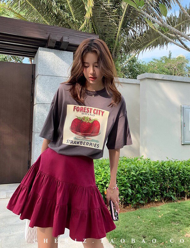 New in early summer! [x · h studio] Korean round neck retro printed short sleeve T-shirt +a-line skirt set 6034\ozq