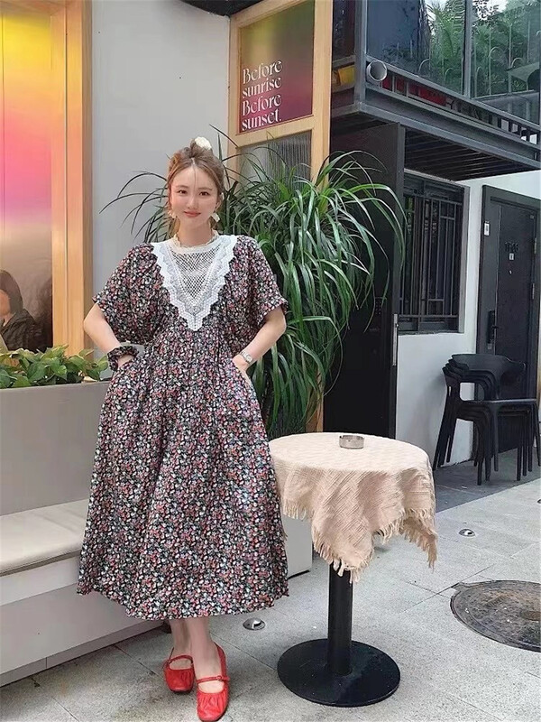 [most] French retro court style, slim waist, bubble sleeve length floral dress 97205\zjy