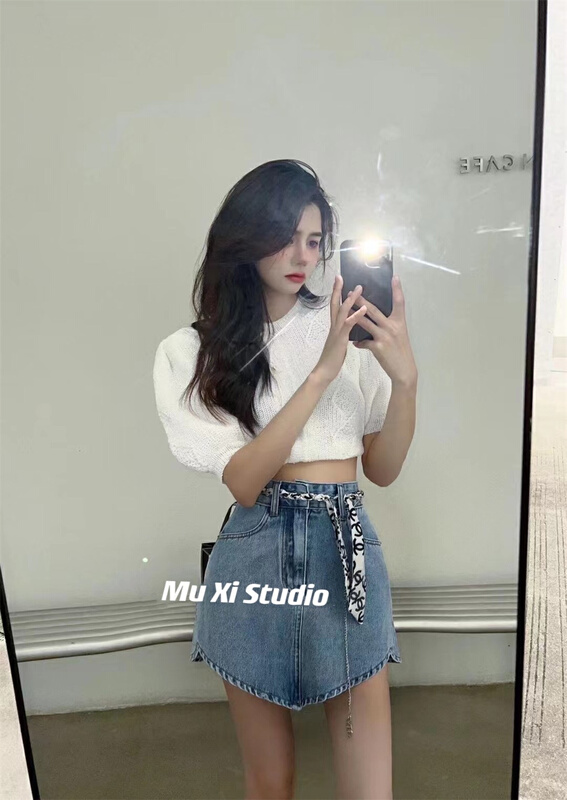 [wooden] High Waist Hip Wrap short skirt A-line skirt (with waist chain) ys1-6068\wpl
