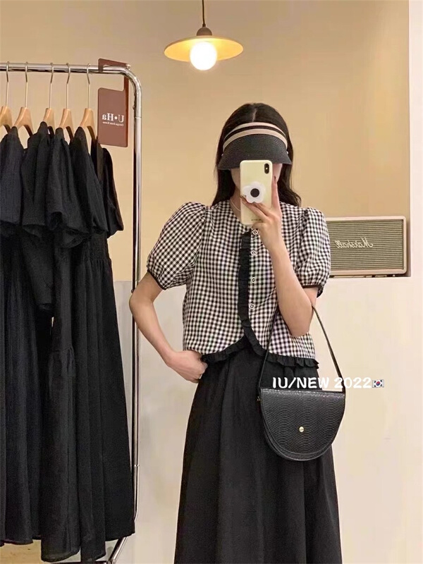 [IU] French retro Plaid ear design shirt 6935\wpl