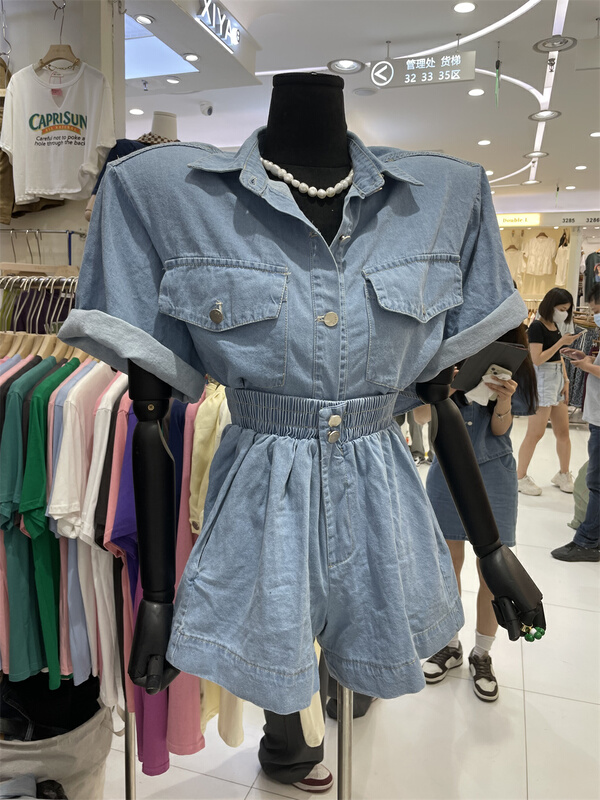 [goblin] fashion short sleeve shirt + loose Denim Shorts Set 9701\wpl