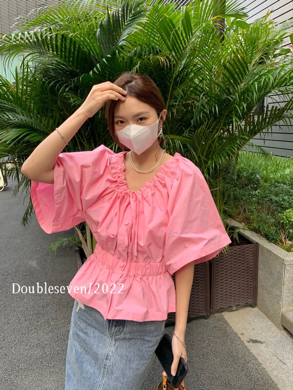 Six colors! [double seven] lace up V-neck sweet shirt 28899\zxx