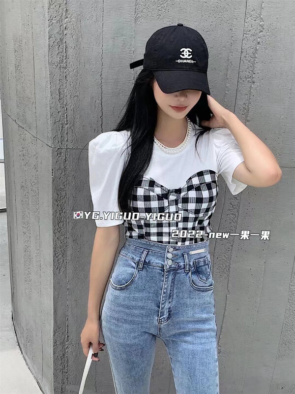 【YIGUOYIGUO】辣妹假兩件格子小衫  68263#  PCZ