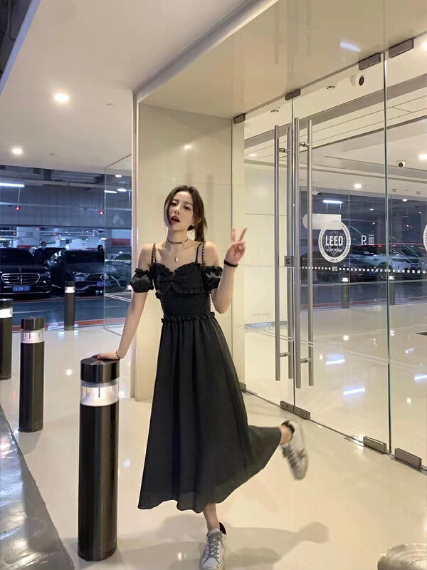 [hee] French off shoulder pleated long dress h5501\wpl