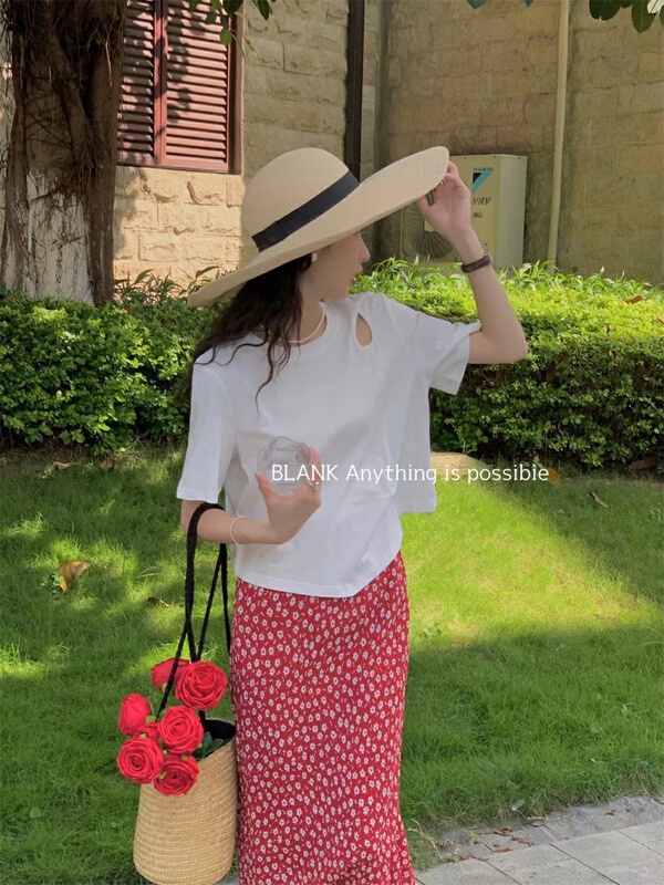 [blank] simple casual round neck hollow out short sleeve T-shirt 522611\wpl