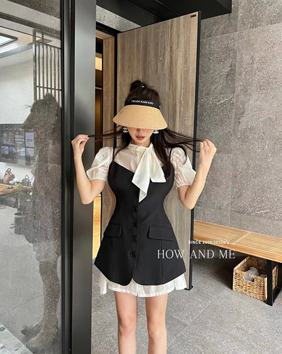 [how and me] lace up fashion simple blouse + irregular design retro dress set 7215\lsl