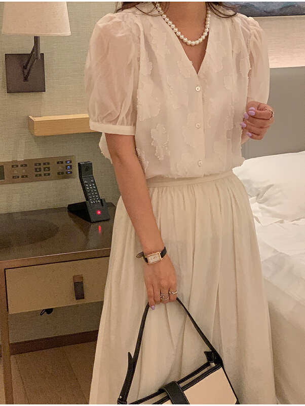 [the mind] Korean style summer new V-neck solid lace shirt 60380\jhy
