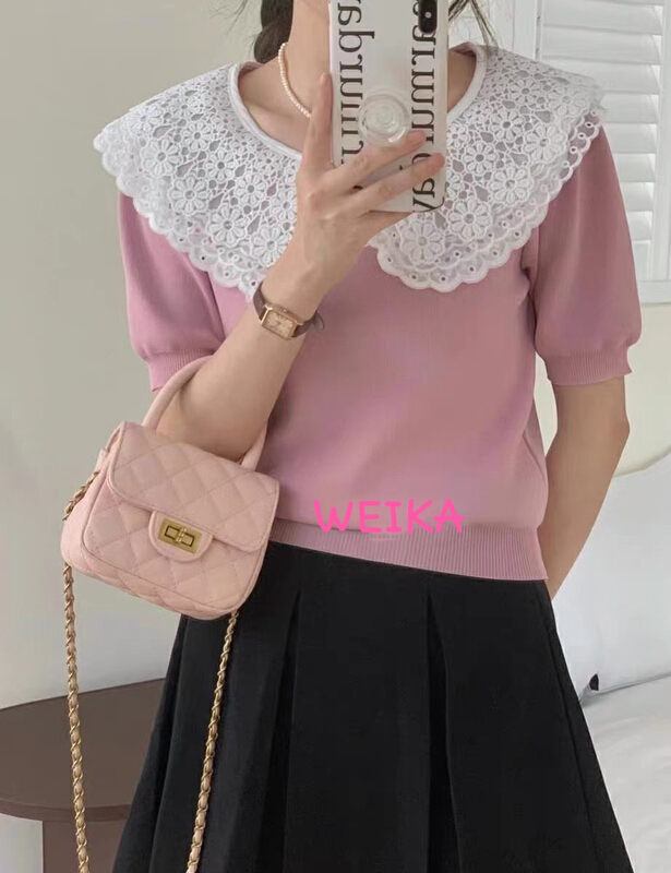 [Weika] Korean version of versatile doll neck design sense lace splicing niche T-shirt 8302\lsl