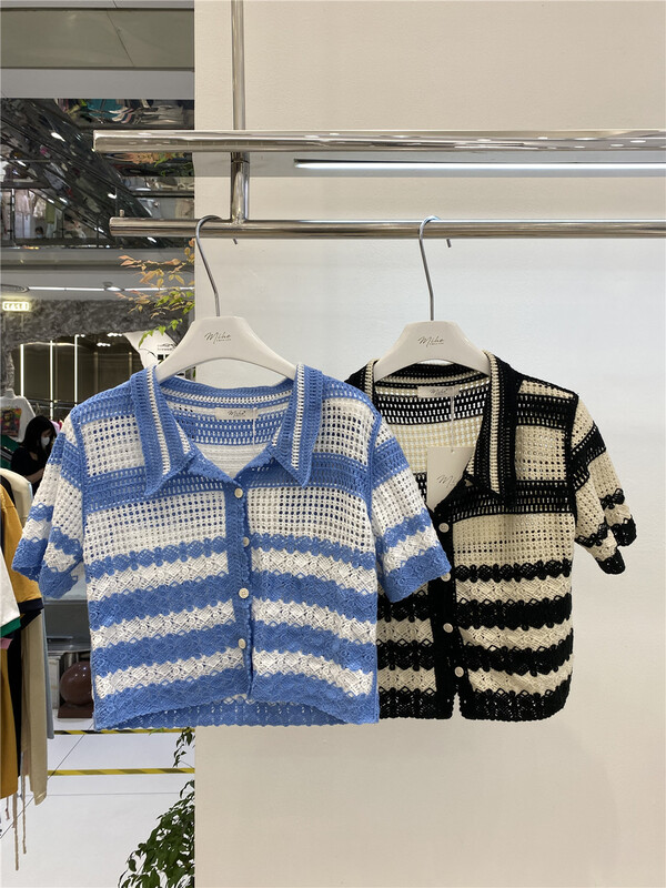 [Mihe] stripe hollow out short shirt 2521\wpl