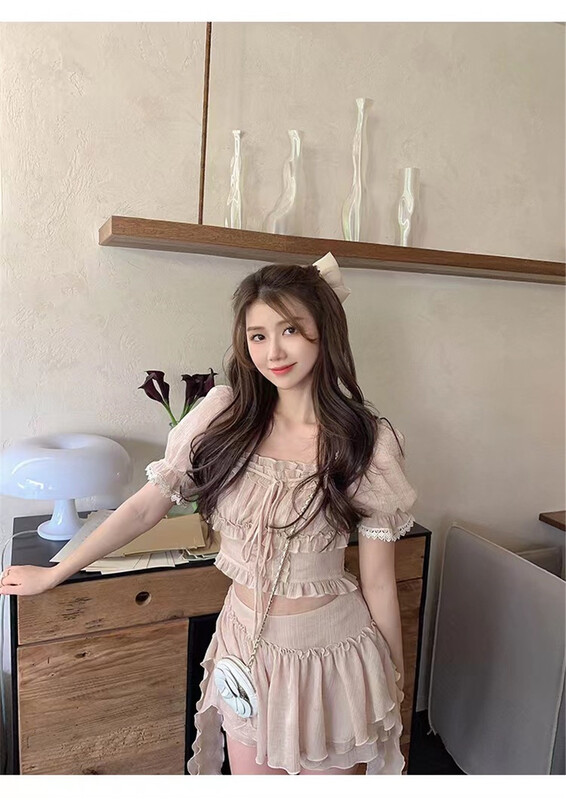 [see you] pure style off shoulder shirt + Chiffon ear skirt suit 31050\pcz