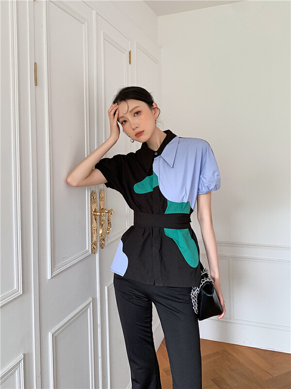 [AC] color blocked flower contrast bandage shirt 7099\jj