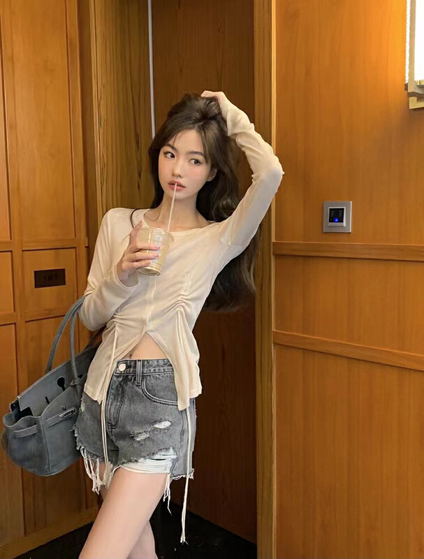 [hee] simple solid color drawstring design long sleeve T-shirt h5500\wpl