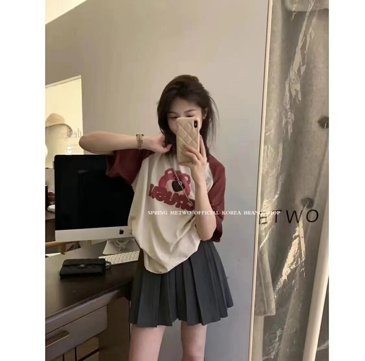 [Naikan Nik] personalized strawberry bear color blocking raglan sleeve short sleeve T-shirt 9739\gyj