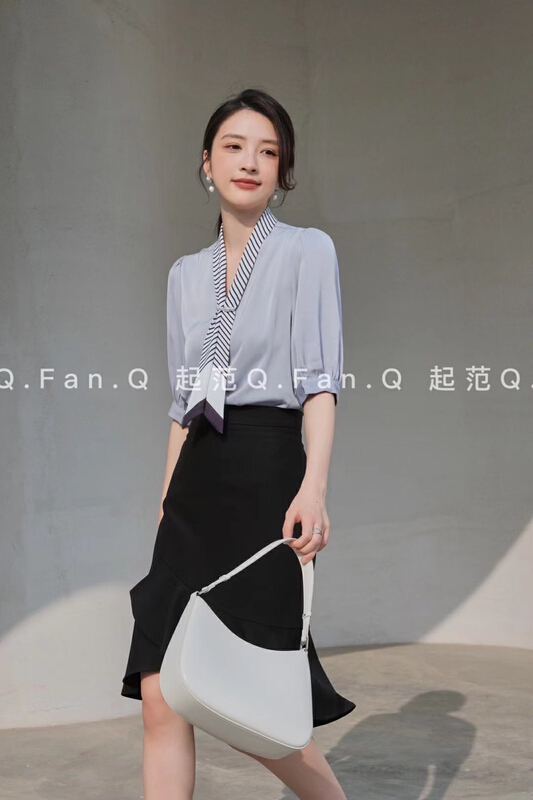 In early summer! [style] elegant shirt with acetic acid satin (non detachable silk scarf) 7921-1\jj