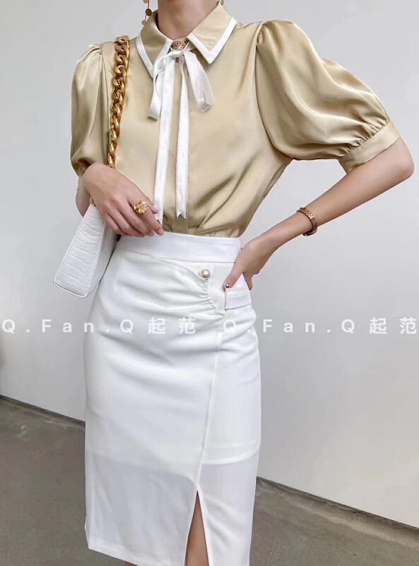 Original price 69.93! [style] Satin featured stitching simple and versatile shirt (detachable with tie ribbon) 7337\jj