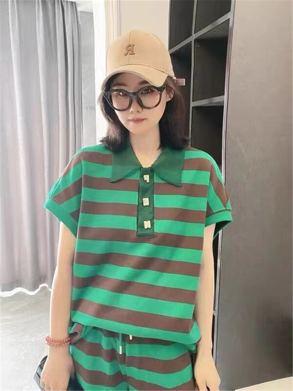 [pepper] polo collar fashion stripe shirt + elastic waist casual Shorts Set 3011\pcz