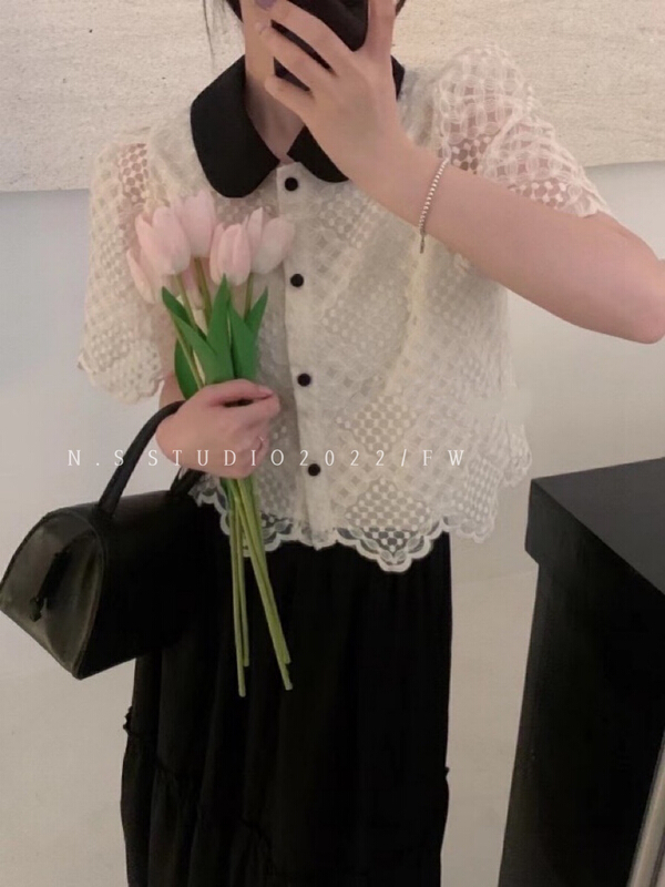 [N.S] Korean style contrast Lapel single breasted lace blouse ys2-880\wpl