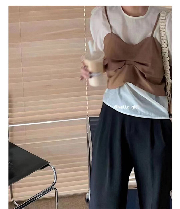 [gill] round neck bubble sleeve blouse + lap strap vest set 1065\zjy