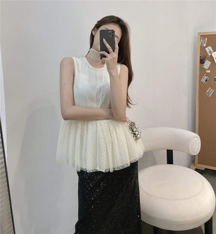 [modern 197] mesh wave point Korean lady dress (with tie) 5895\lsl