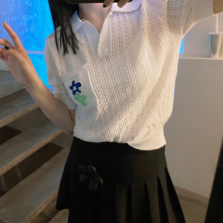 [f · P] Lapel Tencel hollow design embroidered sweater 47161\hbx