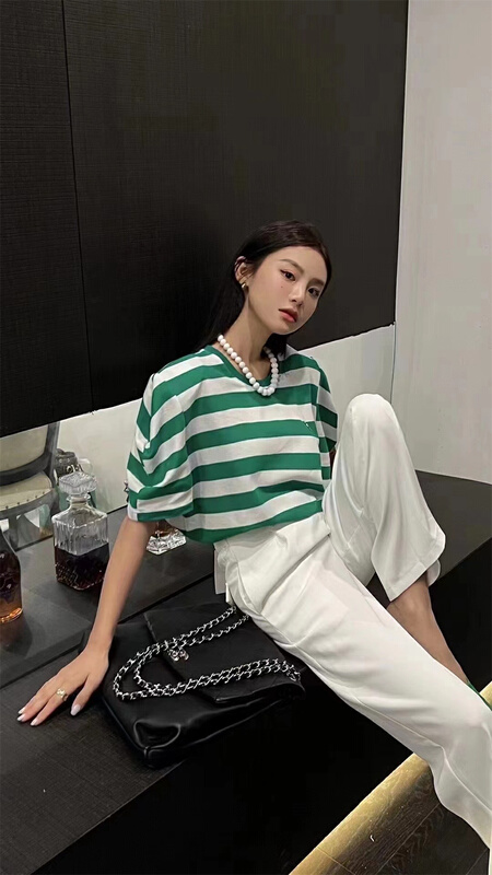 [al] simple casual stripe short short sleeve T-shirt (decoration cannot be removed) 3301\wpl