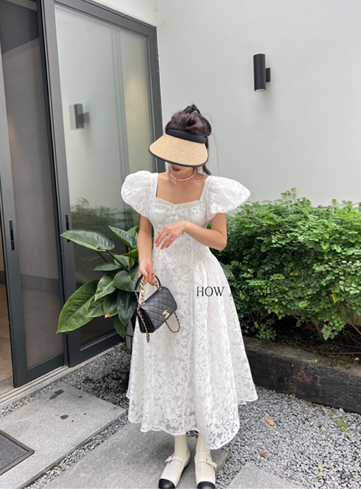 [how and me] square neck bubble sleeve waist length dress 7191\lsl