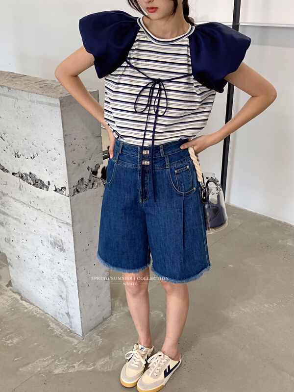 [neihe] Korean style raw edge high waist denim shorts 22333\zxx