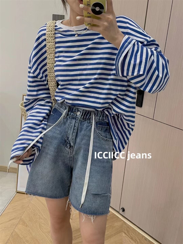 [icciicc] fashion cut color contrast lace up denim shorts 900377\cls