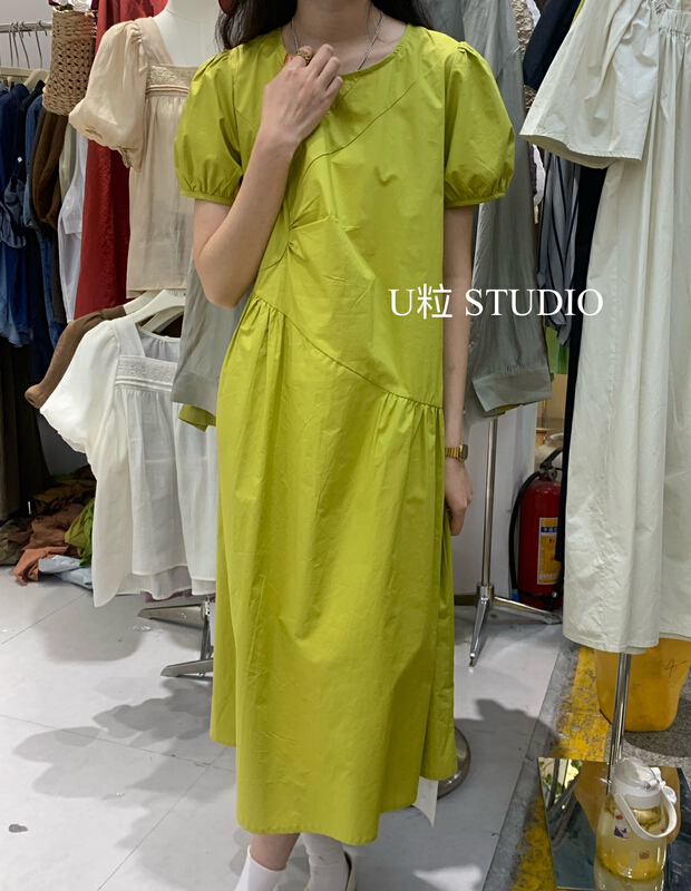[U grain] design sense round neck bubble sleeve dress 5996\hbx