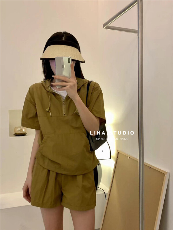 [Lina] solid color simple coat + comfortable and versatile Shorts Set 9048\zxx