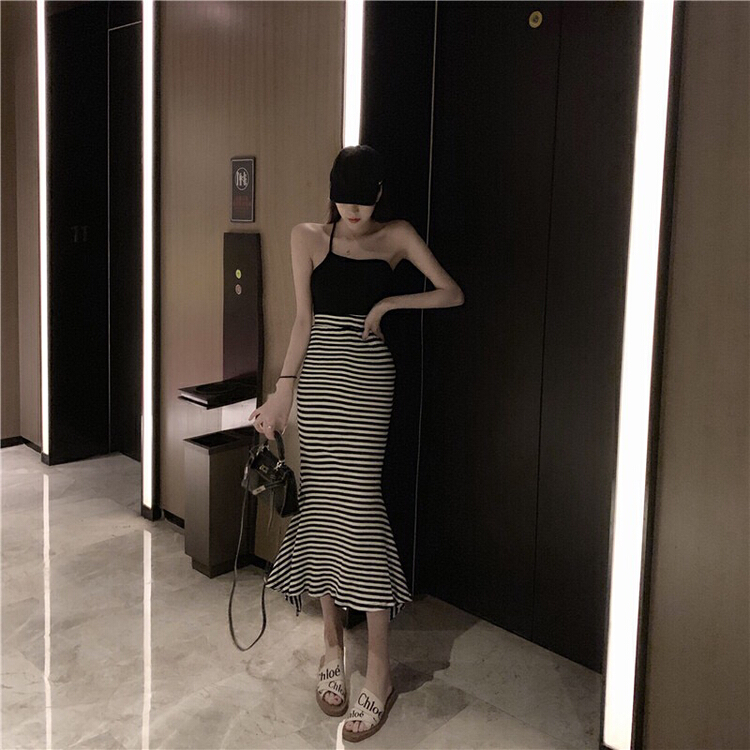 [xinyuanjieyi Xinyuan dressing] high waist slim stripe split mid length skirt 773a\pcz