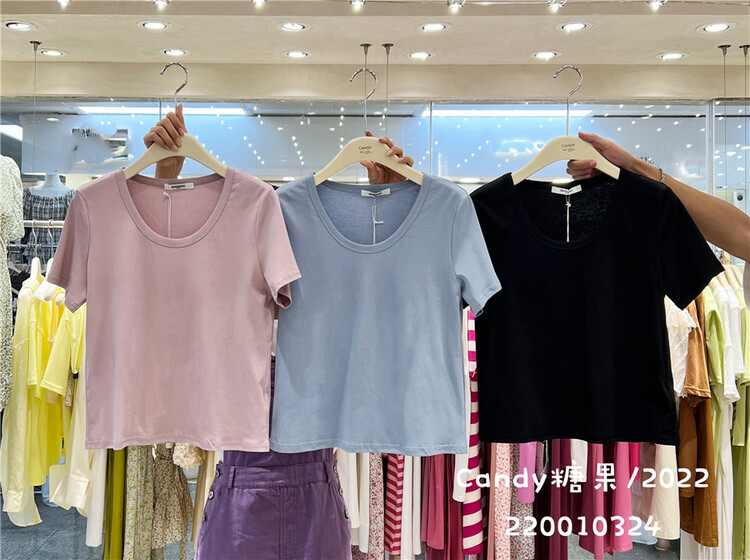 [candy] solid color round neck loose short sleeve T-shirt 0324\zjy
